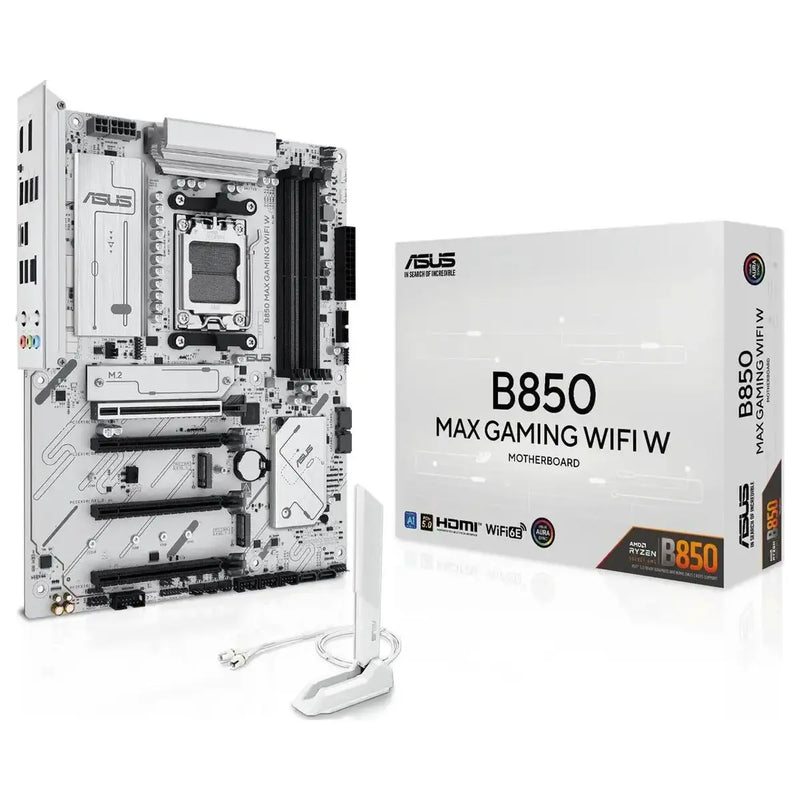ASUS B850 Max Gaming Wifi W AMD AM5 ATX Motherboard, DDR5 8000+MT/s, PCIe 5.0, 3x M.2, Wi-Fi 6E, 2.5Gb LAN, USB 10Gbps Type-C, White PCB (Copy)