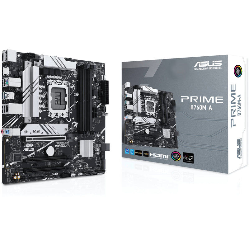 ASUS PRIME B760M-A LGA 1700 Micro-ATX Motherboard with PCIe 4.0, DDR5, two M.2 slots, Realtek 2.5Gb Ethernet, DisplayPort, Dual HDMI™, SATA 6 Gbps, rear USB 3.2 Gen 2, front USB 3.2 Gen 1 Type-C®, Aura Sync