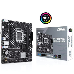 ASUS PRIME H610M-K ARGB LGA 1700 Micro-ATX Motherboard, DDR5, PCIe 4.0, M.2 slot, Realtek 1 Gb Ethernet, HDMI™, VGA, USB 3.2 Gen 1, SATA 6 Gbps, Addressable Gen 2 headers, Aura Sync