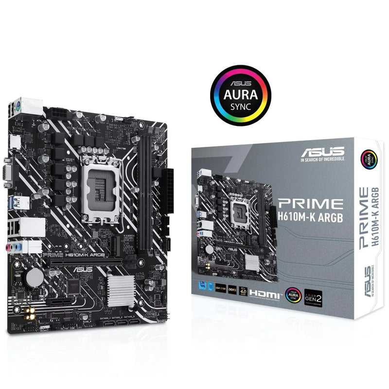 ASUS PRIME H610M-K ARGB LGA 1700 Micro-ATX Motherboard, DDR5, PCIe 4.0, M.2 slot, Realtek 1 Gb Ethernet, HDMI™, VGA, USB 3.2 Gen 1, SATA 6 Gbps, Addressable Gen 2 headers, Aura Sync