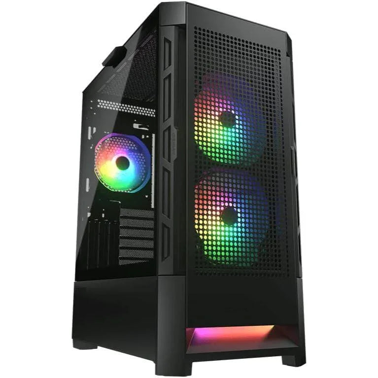 Cougar Airface RGB E-ATX Mid Tower PC Case, Tempered Glass, Mesh Front Panels, Up to 280mm Radiator Support, Pre-Installed ARGB Fans, LED Strip – Black