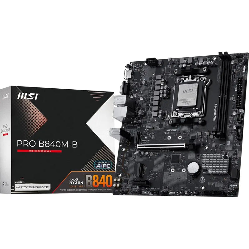 MSI Pro B840M-B Motherboard, mATX – Supports AMD Ryzen 9000/8000/7000 Processors, AM5 – DDR5 Memory Boost (8000+ MT/s OC), PCIe 4.0 x16, M.2 Gen4, 2.5G LAN