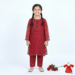 Maroon Embroidered Kurta with Plazo for Girls